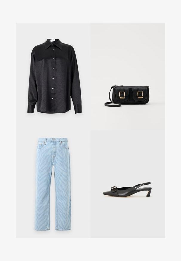 Musta pikemate varrukatega särk, millel on krae ja kortsus tekstuur, täispikk nööpidega eesmine osa ja varrukate mansetid. Valmistatud siledast kangast.; Heledad sinine sirge jala teksapüksid, millel on peen zebra triibumuster, nööp- ja tõmbluku sulgemine ning viie-tasku disain.; Must must nahk slingback kingad terava varbaga, väikese kontsaga ja dekoratiivse pandlaga ülaosas. Sile tekstuur, minimalistlik disain.; Must küllastamata nahast õlakott, millel on kaks esist nähtavat taskut, kuldsed pandlad, tõmblukuga sulgemine ja peen rihm. Tekstuuriga pind ja kompaktne ristkülikukujuline kuju.