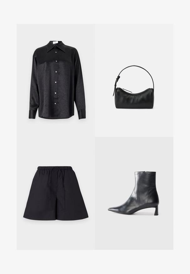 Camicia nera a maniche lunghe con colletto, caratterizzata da una texture stropicciata, chiusura frontale con bottoni e polsini. Realizzata in un tessuto morbido.; By Malene Birger FEION - Shorts - black; Stivaletto in pelle nera con punta affusolata e design elegante. Presenta un tacco basso e una chiusura con zip sul retro. Texture liscia.; Borsa a tracolla in pelle nera con un design curvo, chiusura a zip e una tracolla sottile. Presenta una texture liscia e dettagli di cucitura discreti.