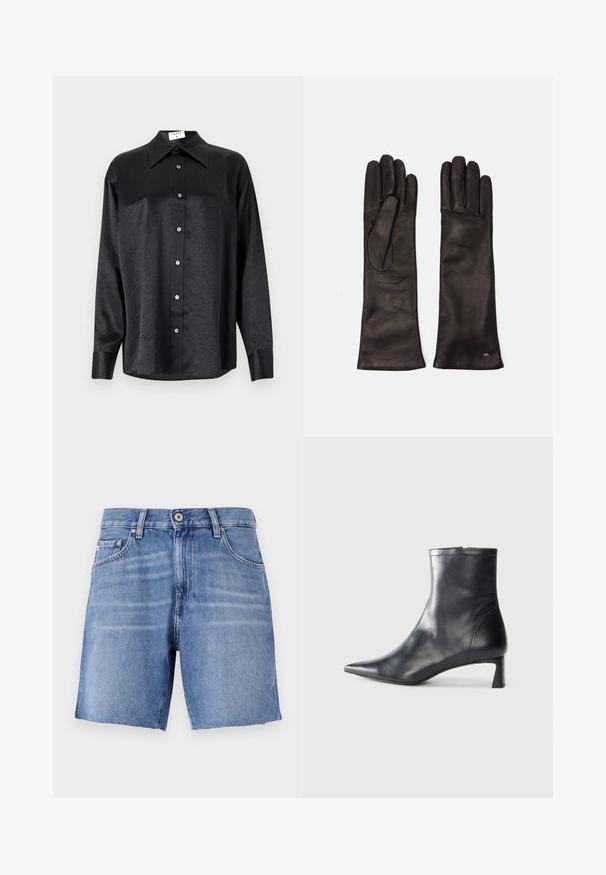 Black long-sleeve shirt with a collared neckline, featuring a crinkled texture, full button front, and cuffs. Made from a smooth fabric.; Light blue denim shorts with a straight cut, frayed hem, five pockets, and metal button closure. Fabric has a smooth texture with slight fading.; Black leather ankle boot with a pointed toe and a sleek design. Features a low heel and a zipper closure at the back. Smooth texture.; Weekend Max Mara SENAPE - Gloves - nero