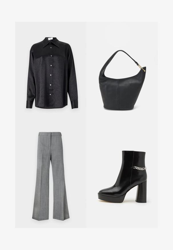 Črna srajca z dolgimi rokavi in ovratnikom, ki ima gubasto teksturo, celotno zapenjanje na gumb in manšete. Izdelana iz gladkega materiala.; Sive, široke hlače iz teksturiranega materiala, z gladkim pasom in subtilnim vzorcem špice.; Črne lakirane gležnjarje z debelo platformo in visokim blok peto. Imajo srebrno verigo kot okras ob strani. Gladka tekstura.; Črna usnjena torbica ovalne oblike, s širokim pasom in teksturirano površino. Ima subtilno šivano podrobnost in zlate dodatke.