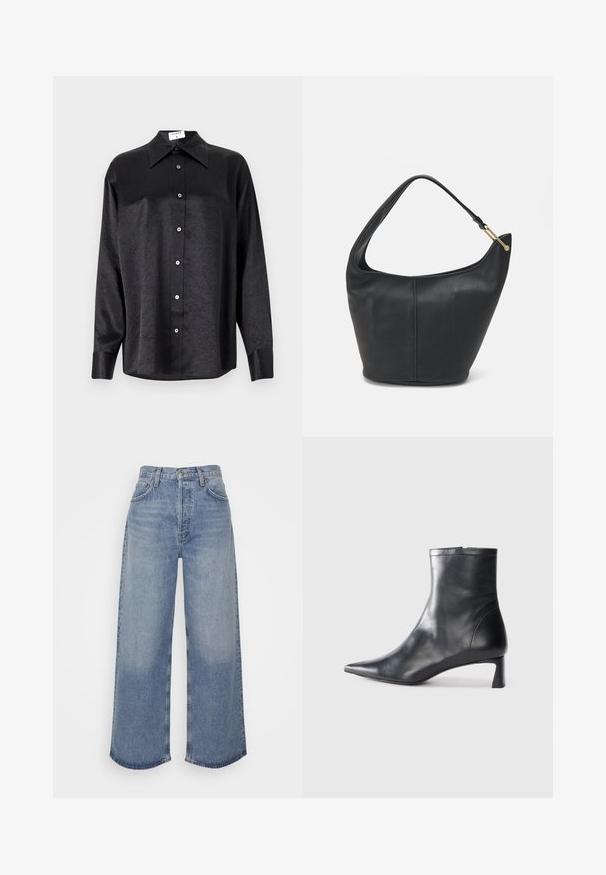 Crna košulja dugih rukava s ovratnikom, s naboranom teksturom, potpuno dugmadi naprijed i manžetama. Izrađena od glatkog materijala.; Svijetloplavi traper široki traperice s visokim strukom, sa zatvaranjem na gumb, pet džepova i iznjedrenim rubovima. Glatka tekstura, opušteni kroj.; Crne kožne gležnjače s uskim vrhom i elegantnim dizajnom. Imaju niski potpetak i zatvaranje na patentni zatvarač straga. Glatka tekstura.; Crna kožna torba za ruke s zaobljenim oblikom, širokim remenom i teksturiranim završetkom. Sadrži suptilan detalj šava i zlatnu metalnu akcentu.