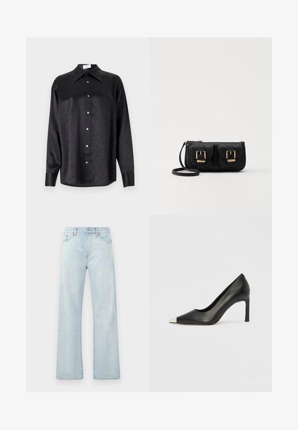 Black long-sleeve shirt with a collared neckline, featuring a crinkled texture, full button front, and cuffs. Made from a smooth fabric.; Light blue denim jeans with a high waist, wide-leg design, and subtle fading. Features classic five-pocket styling and tonal stitching accents.; Black leather high heel shoe with a pointed toe and a metallic silver cap. Features a smooth finish and a slender 10 cm heel.; Black leather crossbody bag with two front pockets, gold buckles, zipper closure, and a slim strap. Textured surface and compact rectangular shape.