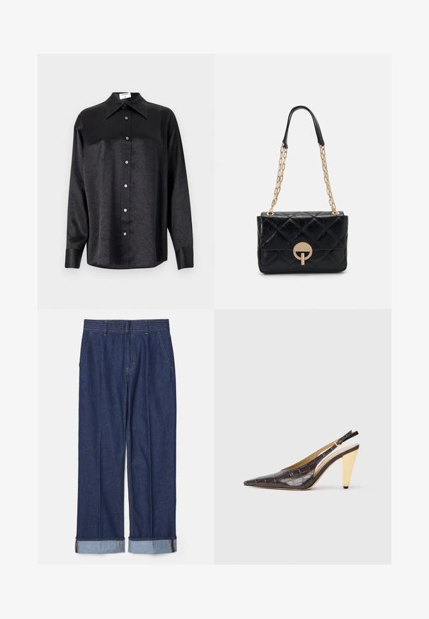 Černá košile s dlouhým rukávem a límečkem, s jakostní texturou, plně zapínací, s manžetami. Vyrobena z hladkého materiálu.; Tmavě modré džíny se středně širokými nohavicemi, které mají pět kapes a ohrnuté nohavice s lehkým modrým kontrastním šitím.; Slinbková podpatková obuv s špičatou špičkou v tmavě hnědé lesklé umělé krokodýlí kůži. Obsahuje zlatý geometrický podpatek a nastavitelný páskový pásek kolem kotníku.; Černá prošívaná kožená kabelka se zlatým řetězovým popruhem, zdobená kulatým uzávěrem. Kompaktní obdélníkový tvar s hladkým povrchem.