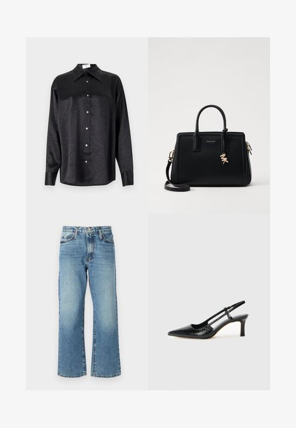 Cămașă neagră cu mânecă lungă, cu guler, cu o textură șifonată, cu nasturi pe toată lungimea și manșete. Fabricată dintr-un material neted.; Jeans din denim bleu deschis, cu un design cu picioare largi, cinci buzunare și închidere cu nasture. Materialul prezintă decolorări subtile și o textură clasică.; Pantofi cu toc slingback negri din patent, cu vârf ascuțit, cu imprimeu de șarpe texturat, curea ajustabilă și toc scurt texturat.; Geantă de mână din piele neagră cu un design structurat, mânere superioare duble, curea de umăr detasabilă, accesorii din aur și un pandantiv cu logo.