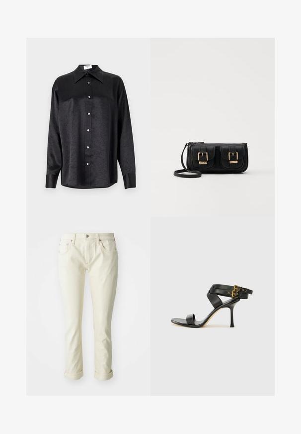 Camicia nera a maniche lunghe con colletto, caratterizzata da una texture stropicciata, chiusura frontale con bottoni e polsini. Realizzata in un tessuto morbido.; Jeans in denim beige con un design aderente, dotati di cinque tasche, chiusura con zip e orli arrotolati per un finish accorciato.; Sandal nero con tacco a spillo, straps incrociati e fibbia regolabile. Presenta una texture liscia e un tacco affusolato.; Borsa a tracolla nera in pelle con due tasche frontali, fibbie dorate, chiusura con zip e una tracolla sottile. Superficie texturizzata e forma rettangolare compatta.