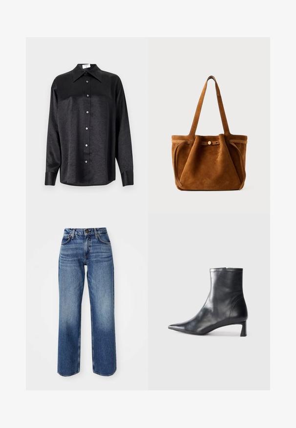 Camicia nera a maniche lunghe con colletto, caratterizzata da una texture stropicciata, chiusura frontale con bottoni e polsini. Realizzata in un tessuto morbido.; Jeans azzurri chiari dalla vestibilità rilassata, con vita alta, gambe dritte e una leggera scoloritura. Realizzati in denim con cuciture visibili e accessori in metallo.; Stivaletto in pelle nera con punta affusolata e design elegante. Presenta un tacco basso e una chiusura con zip sul retro. Texture liscia.; Borsa a tracolla in suede marrone con doppio manico, chiusura a bottone e una forma rilassata, leggermente morbida.