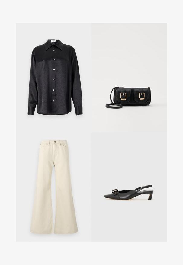 Svart langermet skjorte med krage, som har en rynket tekstur, fullt knappet front og mansjetter. Laget av et glatt stoff.; Lysebeige utsvingte jeans laget av bomull. Har høy midje, fem lommer, og en knepp lukking med kontrasterende sømdetaljer.; Svarte skinn slingback-sko med spiss tå, liten hæl og dekorativ spenne-detalj på overdelen. Glatt tekstur, minimalistisk design.; Svart skinn crossbody veske med to frontlommer, gyldne spenner, glidelåslukking og en slank stropp. Teksturert overflate og kompakt rektangulær form.