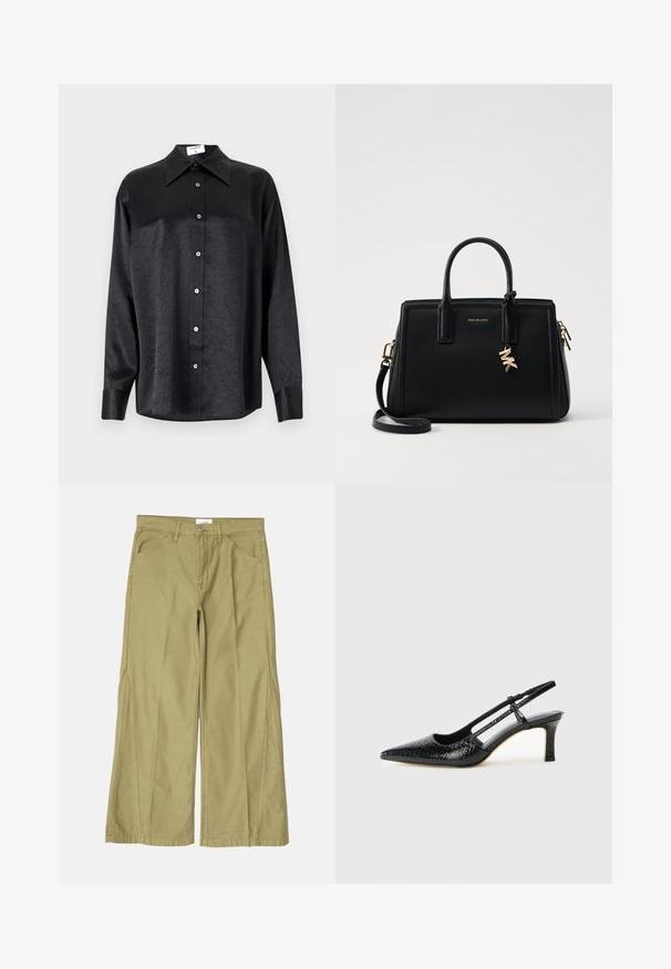 Musta pikemate varrukatega särk, millel on krae ja kortsus tekstuur, täispikk nööpidega eesmine osa ja varrukate mansetid. Valmistatud siledast kangast.; Heledad püksid helesinises puuvillas, millel on lukuga lend, esipockets ning õmblustega detailid õmbluste ääres.; Mustmust paelad, millel on terav varvas, tekstuuriga maduprindiga, reguleeritav rihm ja lühike tekstuuriga plokknina.; Musta nahast käekott struktureeritud disainiga, kahekordsete ülemiste käepidemetega, eemaldatav õlavööt, kuldne riistvara ja logotäht aktsent.