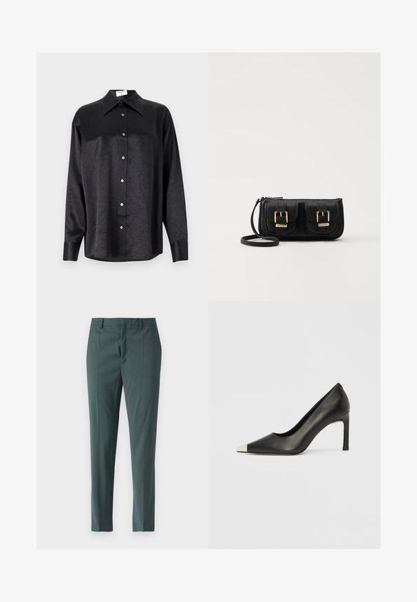 Fekete, hosszú ujjú ing, galléros nyakkal, gyűrött textúrával, teljes gombos elejével és mandzsettákkal. Simaságú anyagból készült.; Sötét teal színű, testre szabott nadrág, sima elejével, karcsú szabásával, övbújtatóival és sima textúrájával. Nincs látható zseb.; Fekete bőr magas sarkú cipő hegyes orral és fém ezüst orrtippel. Simább kivitelű, karcsú, 10 cm-es sarokkal.; Fekete bőr keresztbody táska két elülső zsebbel, arany csattokkal, cipzáras záródással és vékony pánttal. Textúrált felület és kompakt téglalap alak.
