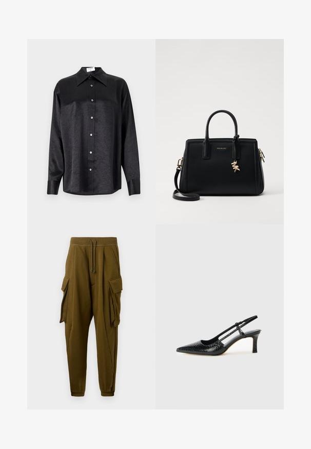 Juodas ilgarankovis marškinis su apykakle, turintis plėšyta tekstūra, visiško mygtukų uždarymo priekyje ir rankogaliais. Pagamintas iš lygaus audinio.; Alyvučių žalios jogger kelnės su raišteliu juosmenyje, dviem didelėm cargo kišenėm su viršeliais ant kiekvienos pusės ir raukšlėtomis kulkšnėmis.; Juodai lakuoti slingback aukštakulniai su smailiu nosiu, su tekstūruotu gyvatės raštu, reguliuojama juosta ir trumpu, tekstūruotu blokiniu kulnu.; Juodas odinis rankinė su struktūrizuotu dizainu, dviem viršutinėmis rankenėlėmis, nuimamu petiniu dirželiu, auksiniais akcentais ir logotipo pakabuku.
