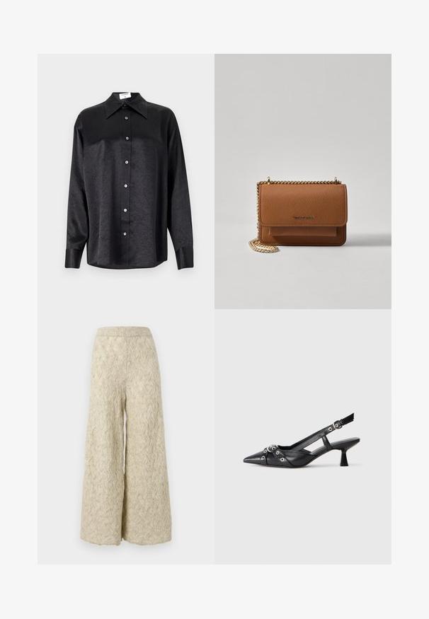 Sort langærmet skjorte med krave, der har en krøllet tekstur, fuld knaplukning foran og manchetter. Lavet af et glat stof.; Bredde ben bukser i en lys beige farve, strikket tekstur med et bølget mønster. Har en elastisk talje for komfort og en løs pasform.; Sort lædersandal med spids tå, dekorative stropper med metaløjer og en lav blokhæl. Struktureret overflade.; Brun tekstureret læder crossover-taske med guldkæde-rem og klaplukning. Forsiden har logo-detalje og en lomme under klappen.