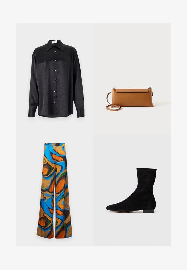 Black long-sleeve shirt with a collared neckline, featuring a crinkled texture, full button front, and cuffs. Made from a smooth fabric.; Wide-leg trousers featuring a multicolored abstract pattern with blue, orange, and brown hues. Made from lightweight fabric with a smooth texture.; Black suede ankle boot with a fitted shaft, pointed toe, and a low block heel. Smooth texture and minimalistic design, suitable for versatile styling.; Brown leather clutch bag, rectangular shape, textured surface, detachable strap, zip closure, subtle logo embossed on front.