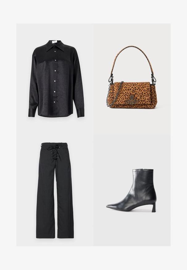 Fekete, hosszú ujjú ing, galléros nyakkal, gyűrött textúrával, teljes gombos elejével és mandzsettákkal. Simaságú anyagból készült.; Sötétszürke, bő szárú nadrág, fűzős derékrésszel. Texturált anyagból készült, elegáns és minimalista dizájnnal rendelkezik.; Fekete bőr bokacsizma hegyes orral és letisztult dizájnnal. Alacsony sarka és hátsó cipzáras záródása van. Simának tűnő textúra.; Leopárdmintás bőrönd velúr anyagból, rövid fogantyúval, lánc pánttal és fekete fémzárral. Téglalap alakú, hajtókás záródással.