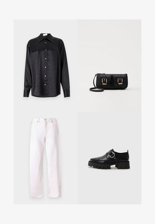 Camicia nera a maniche lunghe con colletto, caratterizzata da una texture stropicciata, chiusura frontale con bottoni e polsini. Realizzata in un tessuto morbido.; Jeans in denim bianco con una vestibilità relaxed, gamba dritta, design a cinque tasche e chiusura con bottone. Presenta cuciture visibili e hardware minimale.; Scarpe in pelle nera con suola spessa e rigata, dotate di un accento in metallo argentato a forma circolare e dettagli di cucitura minimal.; Borsa a tracolla nera in pelle con due tasche frontali, fibbie dorate, chiusura con zip e una tracolla sottile. Superficie texturizzata e forma rettangolare compatta.