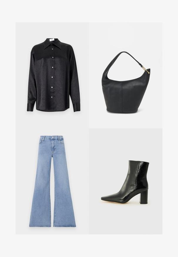Black long-sleeve shirt with a collared neckline, featuring a crinkled texture, full button front, and cuffs. Made from a smooth fabric.; Light blue flared jeans made of denim, featuring a high waist, five-pocket design, and subtle stitching details along the seams.; Black ankle boot made of glossy leather with a pointed toe and a chunky, square heel. Features a smooth texture and minimalistic design.; Black leather handbag with a rounded shape, a wide strap, and a textured finish. Features a subtle seam detail and a gold-tone hardware accent.