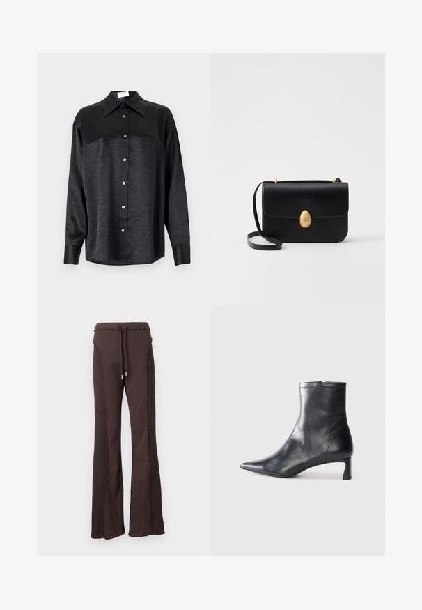 Musta pitkähiha vaarallista paitaa, jossa on kauluspanta, ryppytynyt pinta, täysi napitus edessä ja hihansuut. Valmistettu sileästä kankaan.; Ruske ribbede flared bukser med snor i taljen og dekorativ syning langs siderne. Blød tekstur med en afslappet pasform.; Musta nahkainen nilkkabotti, jossa on teräväkärkinen muotoilu ja tyylikäs design. Varusteena matala korko ja takana vetoketjukiinnitys. Sileä pinta.; Musta nahkakäekott struktureeritud ristküliku kujuga. Varustatud kuldse ovaalse lukuga ja õhukese õlalindiga. Sile tekstuur.