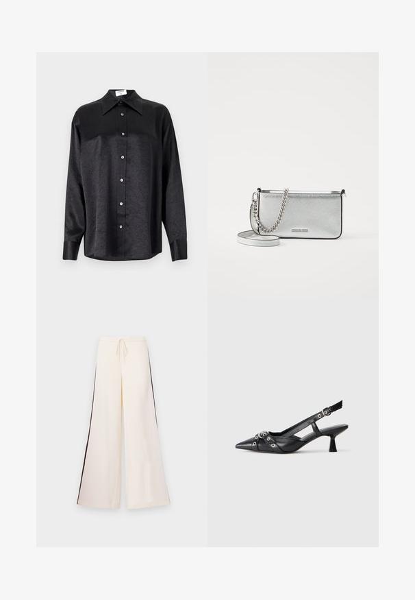 Black long-sleeve shirt with a collared neckline, featuring a crinkled texture, full button front, and cuffs. Made from a smooth fabric.; Cream wide-leg pants made of smooth fabric, featuring a drawstring waist and contrasting dark side stripes. Flat-front design, no pockets.; Black leather slingback shoe with a pointed toe, decorative straps featuring metal eyelets, and a low block heel. Textured surface.; Silver leather crossbody bag with a textured finish, chain and strap accents, and a zipper closure. Features a logo on the front.