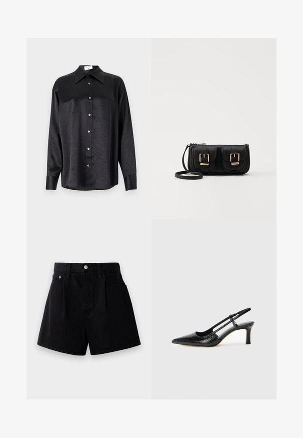 Musta pitkähiha vaarallista paitaa, jossa on kauluspanta, ryppytynyt pinta, täysi napitus edessä ja hihansuut. Valmistettu sileästä kankaan.; Mustat farkkushortsit suoran leikkauksen kanssa, joissa on nappikiinnitys, kaksi etutaskua ja pehmeä, teksturoidun näköinen kangas.; Musta patent slingback-kiilakorko teräväkärkisellä muotoilulla, jossa on teksturoitu käärmeennahkakuosi, säädettävä remmi ja lyhyt, teksturoitu blokkiheel.; Musta nahkainen olkalaukku, jossa on kaksi etutaskua, kultaiset soljet, vetoketjukiinnitys ja kapea hihna. Teksturoidun pinnan ja kompaktin suorakaiteen muoto.