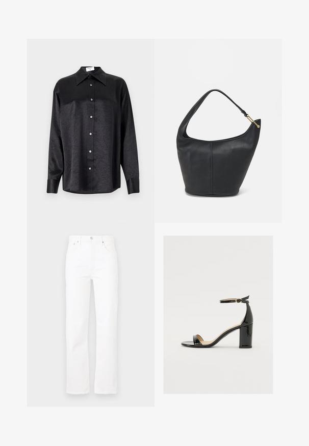Camicia nera a maniche lunghe con colletto, caratterizzata da una texture stropicciata, chiusura frontale con bottoni e polsini. Realizzata in un tessuto morbido.; Jeans in denim bianco con taglio dritto, cinque tasche e chiusura a bottoni. Texture liscia e design pulito, adatti per un abbigliamento casual.; Sandalo in vernice nera con tacco largo, punta aperta e cinturino alla caviglia con fibbia dorata. Texture liscia e design elegante.; Borsa a tracolla in pelle nera con forma arrotondata, una tracolla ampia e una finitura testurizzata. Presenta un dettaglio di cucitura discreto e un dettaglio in metallo dorato.