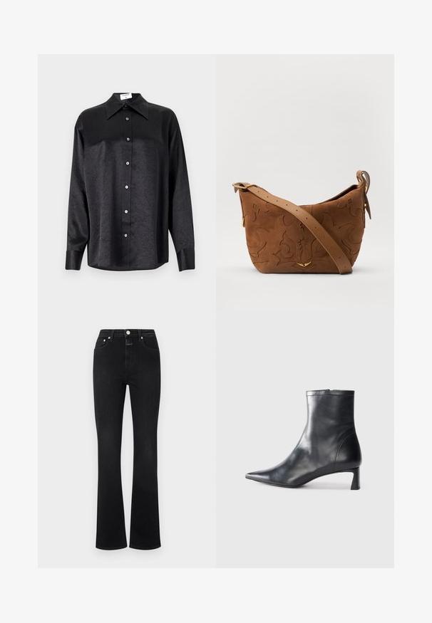 Cămașă neagră cu mânecă lungă, cu guler, cu o textură șifonată, cu nasturi pe toată lungimea și manșete. Fabricată dintr-un material neted.; Jeans negre evazați din denim, cu talie înaltă, cinci buzunare, accesorii de culoare aurie și o textură netedă.; Cizmă de gleznă din piele neagră cu vârf ascuțit și un design elegant. Dispune de un toc mic și de o închidere cu fermoar la spate. Textură netedă.; Geantă de umăr din suede maro cu un design floral embosat, completată de o curea din piele maro netedă și accente din metal auriu.