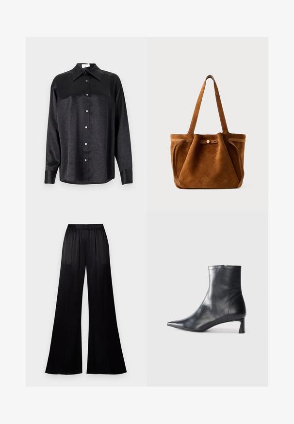 Black long-sleeve shirt with a collared neckline, featuring a crinkled texture, full button front, and cuffs. Made from a smooth fabric.; Black wide-leg pants made of smooth fabric, featuring an elastic waistband and two side seams for added structure.; Black leather ankle boot with a pointed toe and a sleek design. Features a low heel and a zipper closure at the back. Smooth texture.; Brown suede tote bag with dual handles, a button closure strap, and a relaxed, slightly slouchy shape.