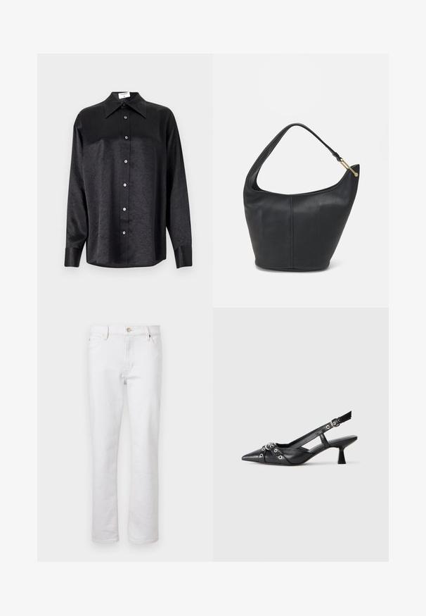 Black long-sleeve shirt with a collared neckline, featuring a crinkled texture, full button front, and cuffs. Made from a smooth fabric.; White denim jeans with straight leg cut, five-pocket design, light stitching, and silver button closure. Smooth texture and minimal detailing.; Black leather slingback shoe with a pointed toe, decorative straps featuring metal eyelets, and a low block heel. Textured surface.; Black leather handbag with a rounded shape, a wide strap, and a textured finish. Features a subtle seam detail and a gold-tone hardware accent.