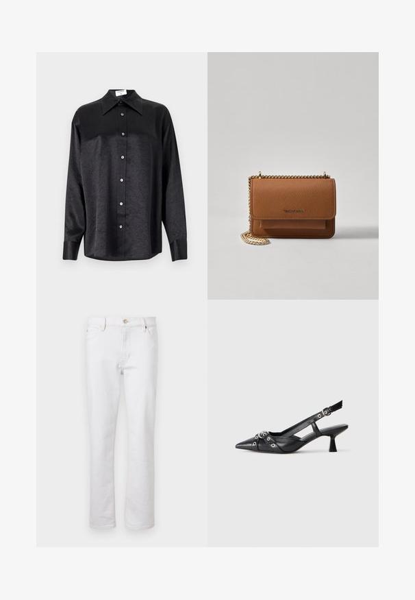 Sort langærmet skjorte med krave, der har en krøllet tekstur, fuld knaplukning foran og manchetter. Lavet af et glat stof.; Hvide denim jeans med lige ben, fem-lomme design, lys syning og sølvknaplukning. Glat tekstur og minimal detaljer.; Sort lædersandal med spids tå, dekorative stropper med metaløjer og en lav blokhæl. Struktureret overflade.; Brun tekstureret læder crossover-taske med guldkæde-rem og klaplukning. Forsiden har logo-detalje og en lomme under klappen.