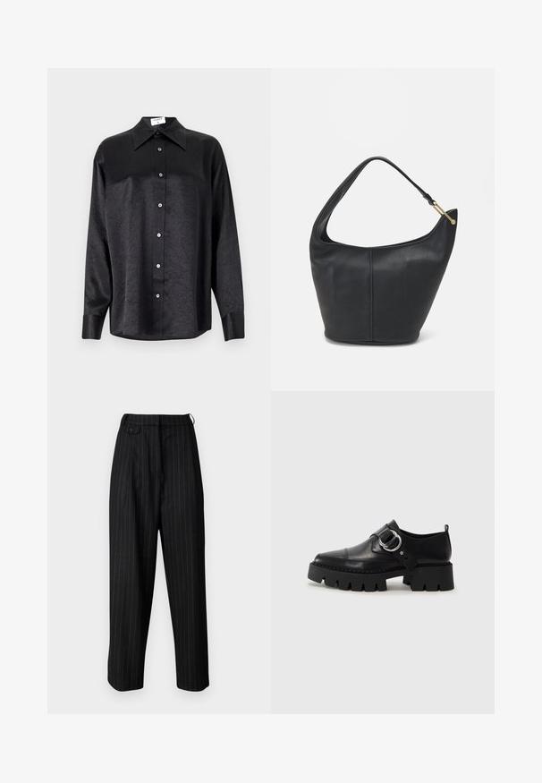 Černá košile s dlouhým rukávem a límečkem, s jakostní texturou, plně zapínací, s manžetami. Vyrobena z hladkého materiálu.; Černé kalhoty s vysokým pasem a bílými pruhy, zdobené puky, s knoflíkovým zapínáním a volným střihem. Vyrobené z hladkého materiálu.; Černé kožené boty s robustní ribkovanou podešví, zdobené kruhovým stříbrným kovovým prvkem a minimálním švem.; Černá kožená kabelka zaobleného tvaru, s širokým popruhem a texturovaným povrchem. Obsahuje jemné švy a akcenty ve zlatém tónu.