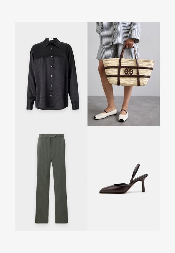 Cămașă neagră cu mânecă lungă, cu guler, cu o textură șifonată, cu nasturi pe toată lungimea și manșete. Fabricată dintr-un material neted.; Pantaloni bărbătești eleganți cu dungi subțiri de culoare gri închis, cu bucle pentru curea și croială dreaptă, așezați plat pe un fundal alb.; Pump slingback din piele lacuită maro, cu vârf ascuțit și toc subțire, înalt. Prezintă un design elegant și o textură de suprafață fină.; Geantă de umăr din paie țesută, cu accente și mânere din piele maro. Prezintă un logo decupat și benzi orizontale contrastante.