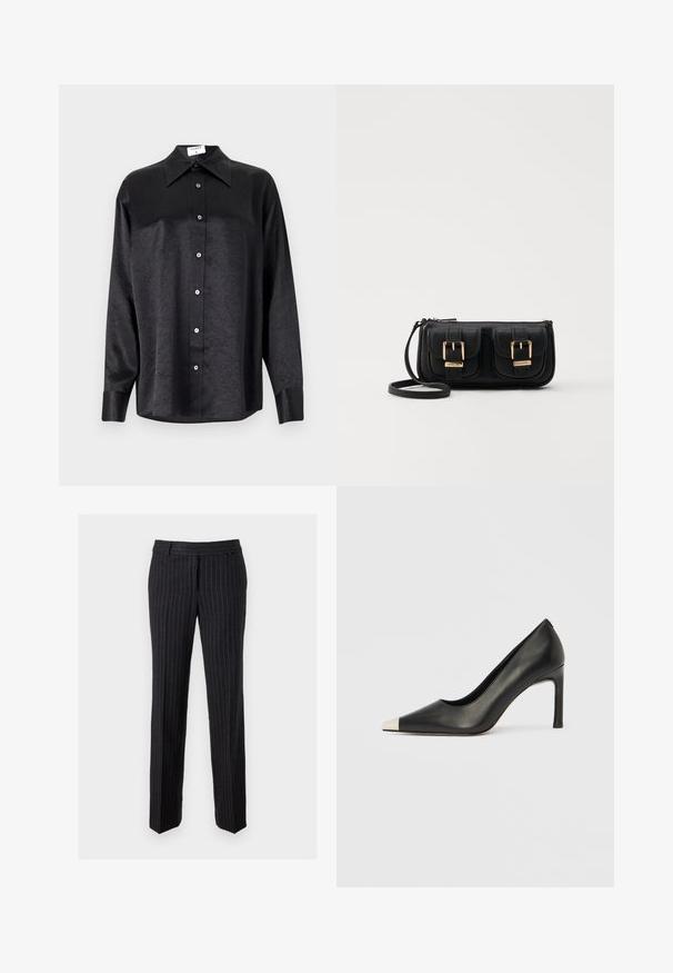 Black long-sleeve shirt with a collared neckline, featuring a crinkled texture, full button front, and cuffs. Made from a smooth fabric.; Black pinstriped trousers made of textured fabric. Features a flat front, belt loops, and straight legs. No visible hardware or accents.; Black leather high heel shoe with a pointed toe and a metallic silver cap. Features a smooth finish and a slender 10 cm heel.; Black leather crossbody bag with two front pockets, gold buckles, zipper closure, and a slim strap. Textured surface and compact rectangular shape.