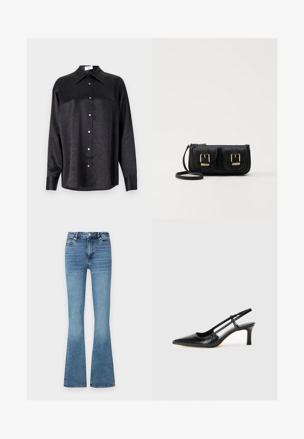 Musta pikemate varrukatega särk, millel on krae ja kortsus tekstuur, täispikk nööpidega eesmine osa ja varrukate mansetid. Valmistatud siledast kangast.; Kergelt laienevad teksapüksid helesinises pesus; omaduseks kõrge vöökoht, õmblustega saagad ja kerge kulumus jalgade alumises osas.; Mustmust paelad, millel on terav varvas, tekstuuriga maduprindiga, reguleeritav rihm ja lühike tekstuuriga plokknina.; Must küllastamata nahast õlakott, millel on kaks esist nähtavat taskut, kuldsed pandlad, tõmblukuga sulgemine ja peen rihm. Tekstuuriga pind ja kompaktne ristkülikukujuline kuju.