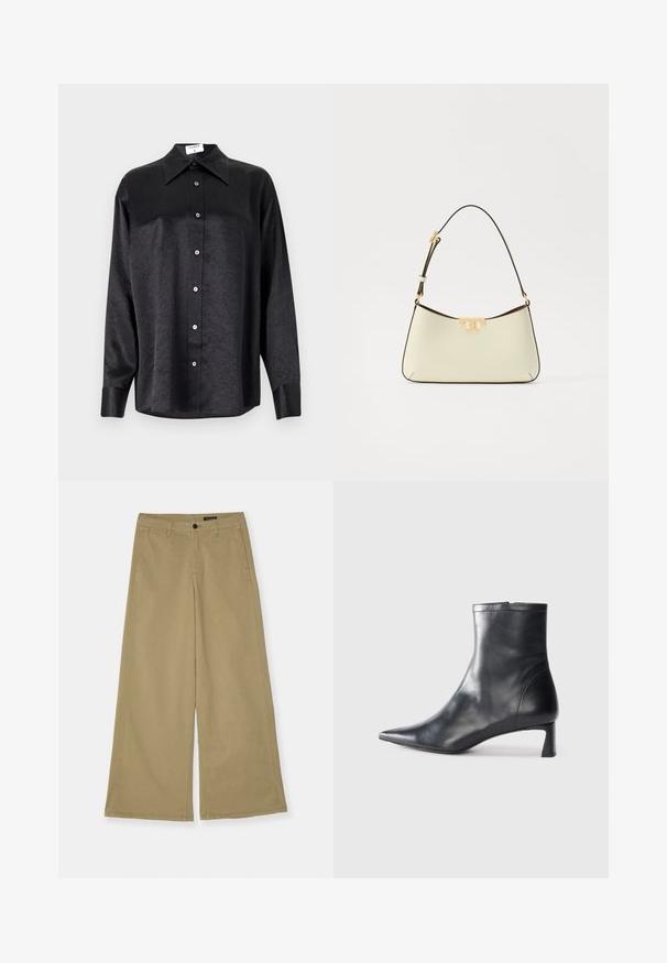 Schwarzes Langarmhemd mit kragenförmigem Halsausschnitt, mit einem zerknitterten Textur, voller Knopfleiste und Manschetten. Hergestellt aus einem glatten Stoff.; Khakifarbene weite Baumwollhosen mit Knopfverschluss, Seitentaschen und sichtbaren Nähdetails. Glatte Textur.; Schwarze Lederstiefelette mit spitzer Zehe und schlankem Design. Verfügt über einen niedrigen Absatz und einen Reißverschluss hinten. Glatte Textur.; Lederhandtasche in Creme mit einer geschwungenen Form. Verfügt über ein goldfarbenes Logo-Detail und einen dünnen, verstellbaren dunklen Tragegurt.