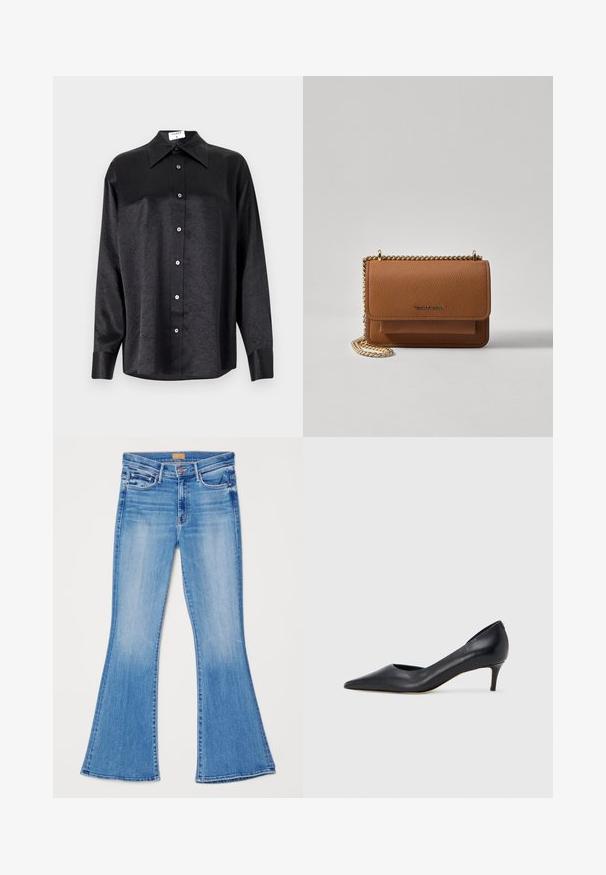 Svart langermet skjorte med krage, som har en rynket tekstur, fullt knappet front og mansjetter. Laget av et glatt stoff.; Lys blå denim bellbukser med høy livhøyde, fem lommer og kontrastsøm. Har en glatt og myk tekstur.; Sort lærpumps med spiss tupp og lav hæl. Har en jevn tekstur og subtil glans. Åpen utskjæring foran for ekstra detalj.; Brun teksturert lær crossover-veske med gullkjede-stropp og klaffelukking. Fronten har logo-detalj og en lomme under klaffen.