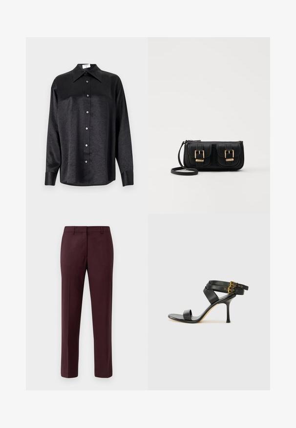 Musta pikemate varrukatega särk, millel on krae ja kortsus tekstuur, täispikk nööpidega eesmine osa ja varrukate mansetid. Valmistatud siledast kangast.; Burgundia kohandatud püksid, mis on valmistatud siledast kangast. Omab lapikut eest, kitsast lõiget ning ei sisalda nähtavaid taskuid ega kaunistusi.; Mustad mustand koos ristatud rihmade ja reguleeritava pandlaga. Omab siledat tekstuuri ja kitsenevat stiletto kontsa.; Must küllastamata nahast õlakott, millel on kaks esist nähtavat taskut, kuldsed pandlad, tõmblukuga sulgemine ja peen rihm. Tekstuuriga pind ja kompaktne ristkülikukujuline kuju.