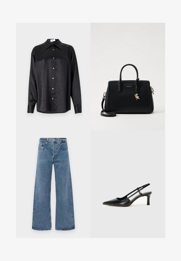 Crna košulja dugih rukava s ovratnikom, s naboranom teksturom, potpuno dugmadi naprijed i manžetama. Izrađena od glatkog materijala.; Široke, plave traperice s klasičnim pet džepova, zatvaranjem na dugme i izbljeđenom teksturom, s rubovima koji nisu obrađeni.; Crne lakirane slingback pete s oštrim vrhom, s teksturiranim uzorkom zmijske kože, podesivom remenom i kratkom, teksturiranom blok-petom.; Crna kožna torba s strukturiranim dizajnom, dvostrukim gornjim ručkama, odvojivim remenom za rame, zlatnim detaljima i akcentom s logom.