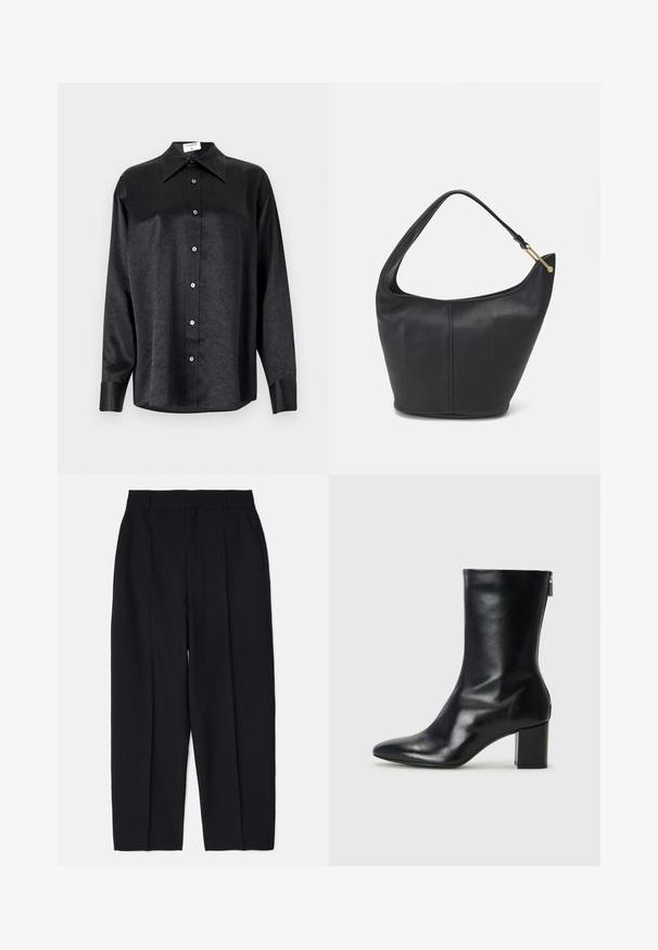 Chemise noire à manches longues avec un col, présentant une texture froissée, une fermeture à boutons sur le devant et des poignets. Fabriquée en tissu lisse.; Pantalons tailleur noirs avec une coupe droite, en tissu lisse, dotés de plis sur le devant et de poches latérales.; Bottine en cuir noir avec un bout pointu et un talon carré de 4 cm. Design élégant avec une fermeture éclair sur le côté pour un enfilage facile. Texture lisse.; Sac à main en cuir noir avec une forme arrondie, une large bandoulière et une finition texturée. Présente un détail de couture subtil et un accent en métal doré.