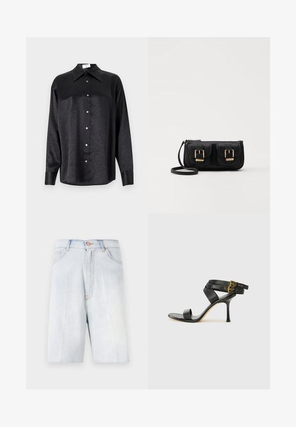 Musta pitkähiha vaarallista paitaa, jossa on kauluspanta, ryppytynyt pinta, täysi napitus edessä ja hihansuut. Valmistettu sileästä kankaan.; Vaaleansiniset farkkushortsit, joissa on rento malli. Shortseissa on napitus, vyölenkit ja etutaskut; sileä pinta ja haalistunut pesu.; Mustat korot kengät, joissa on ristikkäiset hihnat ja säädettävä solki. Ominaisuuksiin kuuluu sileä pinta ja kapeneva stilettokorko.; Musta nahkainen olkalaukku, jossa on kaksi etutaskua, kultaiset soljet, vetoketjukiinnitys ja kapea hihna. Teksturoidun pinnan ja kompaktin suorakaiteen muoto.