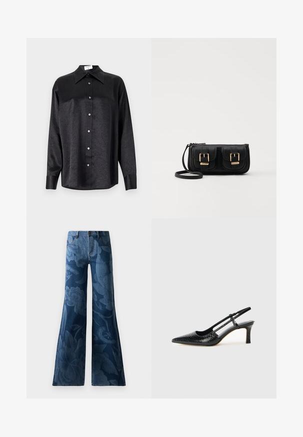 Crna košulja dugih rukava s ovratnikom, s naboranom teksturom, potpuno dugmadi naprijed i manžetama. Izrađena od glatkog materijala.; Traperice s izrezanim nogavicama u tamnoplavoj boji s tonovima cvjetnog uzorka. Standardni dizajn s pet džepova s prednjim gumbom i zatvaračem.; Crne lakirane slingback pete s oštrim vrhom, s teksturiranim uzorkom zmijske kože, podesivom remenom i kratkom, teksturiranom blok-petom.; Crna kožna torba preko ramena s dva prednja džepa, zlatnim kopčama, zatvaranjem na zip i uskim remenom. Teksturirana površina i kompaktan pravokutan oblik.