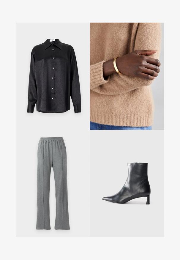 Chemise noire à manches longues avec un col, présentant une texture froissée, une fermeture à boutons sur le devant et des poignets. Fabriquée en tissu lisse.; Pantalons de survêtement gris avec une taille élastique, présentant une coupe droite et des détails de couture latérale subtils. Fabriqué à partir d'un tissu doux et texturé.; Bottine en cuir noir avec un bout pointu et un design épuré. Présente un petit talon et une fermeture éclair à l'arrière. Texture lisse.; Bracelet jonc en or avec une surface lisse et polie. Porté sur un poignet à la peau foncée, complétant un pull beige texturé.