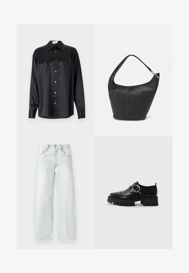 Musta pikemate varrukatega särk, millel on krae ja kortsus tekstuur, täispikk nööpidega eesmine osa ja varrukate mansetid. Valmistatud siledast kangast.; Heledad helesin sinised laiad teksad, mis on valmistatud denimist. Omab nööpidega vööd, viit taskut ja kärbitud serva. Peene tooniga tikandid.; Mustad musta naha jalanõud, millel on jäme ribaga tallad, ringikujuline hõbedane detail ja minimaalne õmblusdetail.; Musthave musta nahast käekott ümarate servadega, laia rihmaga ja tekstureeritud pinnaga. Omab peenelt õmblust detailina ning kullatooni aksessuaare.