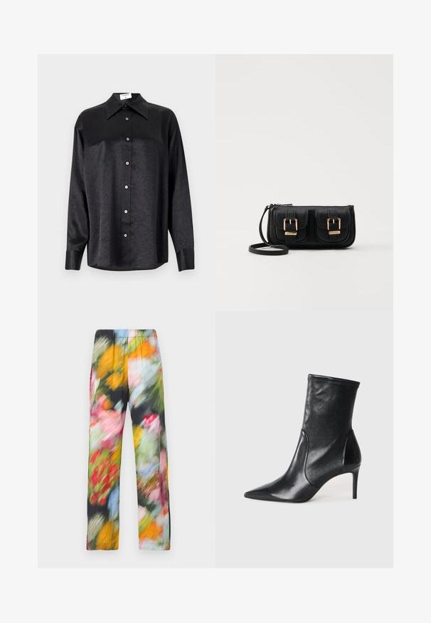 Black long-sleeve shirt with a collared neckline, featuring a crinkled texture, full button front, and cuffs. Made from a smooth fabric.; Floral-patterned, lightweight pants with an elastic waistband, featuring a blend of vibrant colors including pink, yellow, green, and blue.; Black ankle boots made of smooth leather, featuring a pointed toe, fitted shaft, and a slim high heel. Minimalist design with no visible hardware.; Black leather crossbody bag with two front pockets, gold buckles, zipper closure, and a slim strap. Textured surface and compact rectangular shape.
