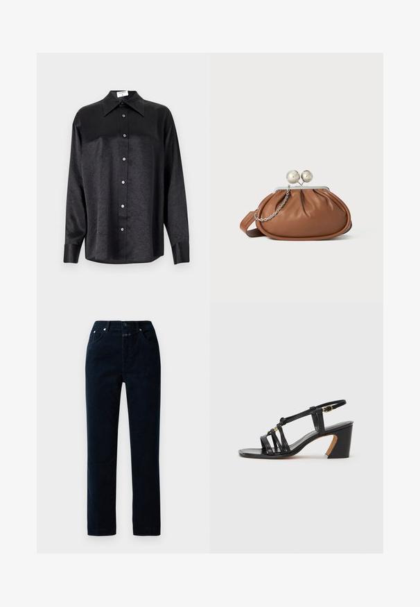 Juodas ilgarankovis marškinis su apykakle, turintis plėšyta tekstūra, visiško mygtukų uždarymo priekyje ir rankogaliais. Pagamintas iš lygaus audinio.; Jūriniai džinsinio audinio keliai su tiesiu kojų dizainu, turintys priekinės kišenes, užtrauktuką ir metalinius mygtukų akcentus ant juosmens.; Paul Smith AMIRA - Klasikiniai aukštakulniai - black; Ruda odinė rankinė su sidabriniu rutuliniu užsegimu ir maža sidabrine grandinėle ant balto fono.