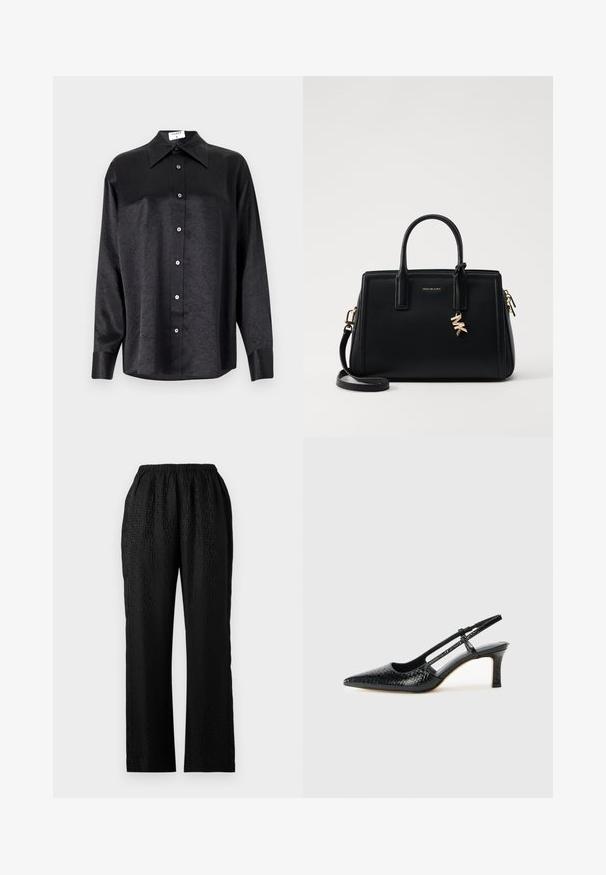 Black long-sleeve shirt with a collared neckline, featuring a crinkled texture, full button front, and cuffs. Made from a smooth fabric.; Black, elastic-waist pants with a textured design featuring a subtle pattern, straight leg shape, and a lightweight fabric.; Black patent slingback heel with a pointed toe, featuring textured snake print, adjustable strap, and a short, textured block heel.; Black leather handbag with structured design, dual top handles, detachable shoulder strap, gold hardware, and a logo charm accent.