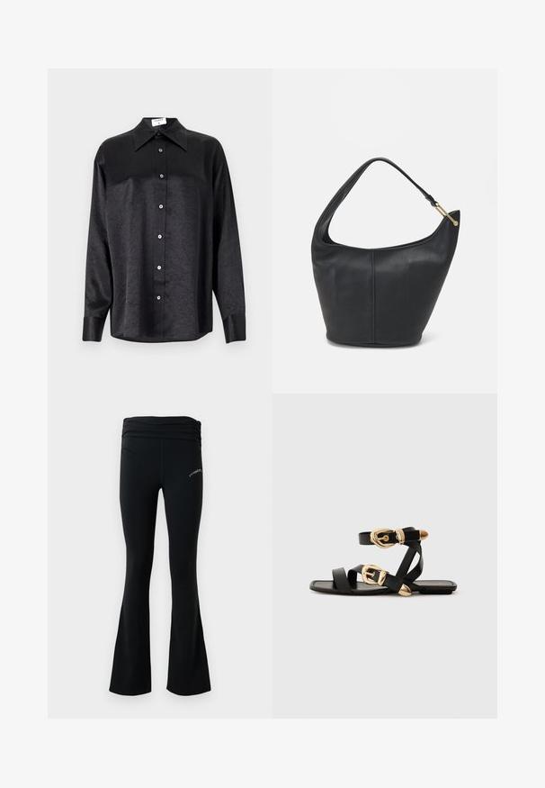 Black long-sleeve shirt with a collared neckline, featuring a crinkled texture, full button front, and cuffs. Made from a smooth fabric.; Black flared yoga pants with a ruched waistband and small white logo on upper thigh, displayed against a plain white background.; Black leather sandals with gold buckle accents, featuring multiple straps and a flat sole design for open-toe wear.; Black leather handbag with a rounded shape, a wide strap, and a textured finish. Features a subtle seam detail and a gold-tone hardware accent.