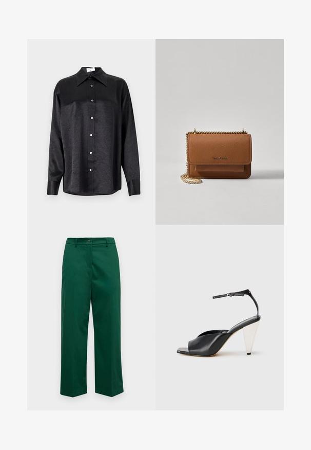 Svart langermet skjorte med krage, som har en rynket tekstur, fullt knappet front og mansjetter. Laget av et glatt stoff.; Weekend Max Mara URIAL - Bukse - verde; Svart lær høyhælte sandaler med åpen tå, asymmetrisk design, ankelstropp og en metallisk kjegleformet hæl. Glatt tekstur hele veien.; Brun teksturert lær crossover-veske med gullkjede-stropp og klaffelukking. Fronten har logo-detalj og en lomme under klaffen.