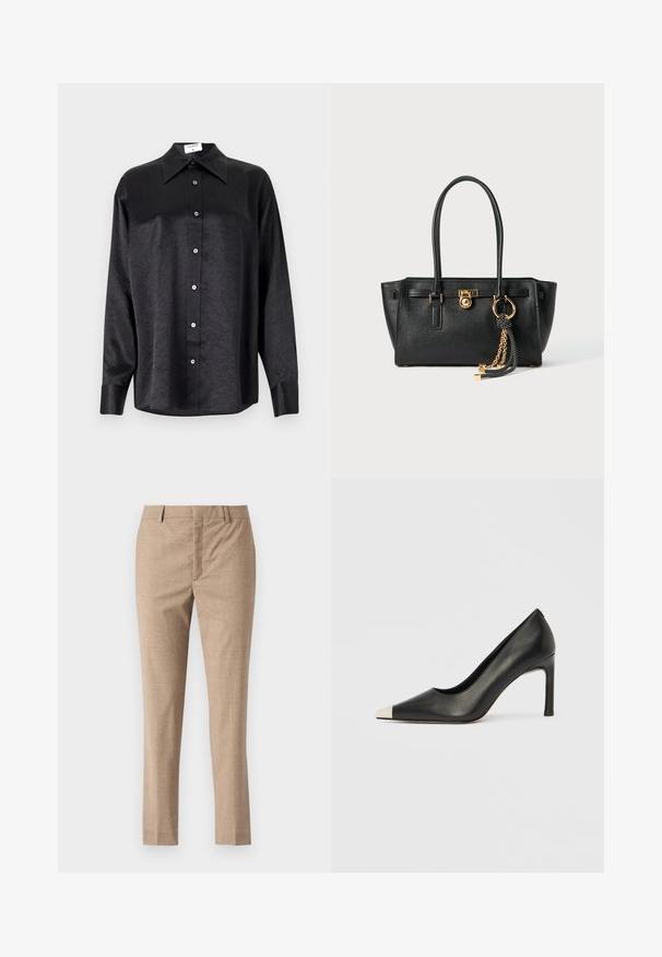 Chemise noire à manches longues avec un col, présentant une texture froissée, une fermeture à boutons sur le devant et des poignets. Fabriquée en tissu lisse.; Pantalons beiges ajustés avec une texture lisse, des jambes droites et une fermeture éclair. Comprend des poches avant et un motif chevron subtil.; Chaussure à talon haut en cuir noir avec bout pointu et capuchon argenté métallique. Présente une finition lisse et un talon fin de 10 cm.; Sac à main en cuir noir avec double anses, serrure dorée et détails en chaîne, et accessoire à pompon noir et blanc sur fond blanc.