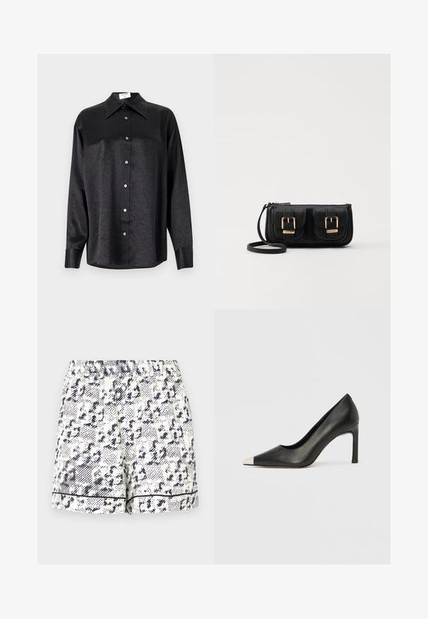 Zwarte blouse met lange mouwen en een kraag, voorzien van een gekreukt oppervlak, volwaardige knopen aan de voorkant en manchetten. Gemaakt van een gladde stof.; Witte shorts met een zwart abstract patroon, elastische tailleband en een effen zwarte afwerking langs de zoom. Gemaakt van een lichtgewicht stof.; Zwarte leren hoge hak met een spits toelopende neus en een metalen zilverkleurige kap. Heeft een gladde afwerking en een slanke hak van 10 cm.; Zwarte leren schoudertas met twee vo pockets, gouden gespen, ritsluiting en een smalle band. Tekstuur oppervlak en compacte rechthoekige vorm.