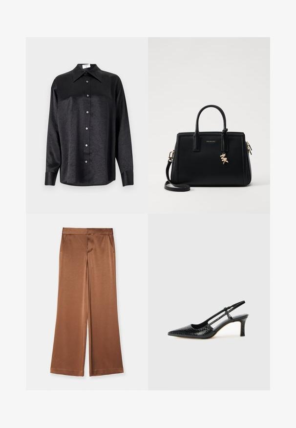 Musta pikemate varrukatega särk, millel on krae ja kortsus tekstuur, täispikk nööpidega eesmine osa ja varrukate mansetid. Valmistatud siledast kangast.; Pruunid laiad püksid satiinist, millel on küljetaskud, sile tekstuur ja kohandatud vöökoht struktureeritud istuvuse saavutamiseks.; Mustmust paelad, millel on terav varvas, tekstuuriga maduprindiga, reguleeritav rihm ja lühike tekstuuriga plokknina.; Musta nahast käekott struktureeritud disainiga, kahekordsete ülemiste käepidemetega, eemaldatav õlavööt, kuldne riistvara ja logotäht aktsent.