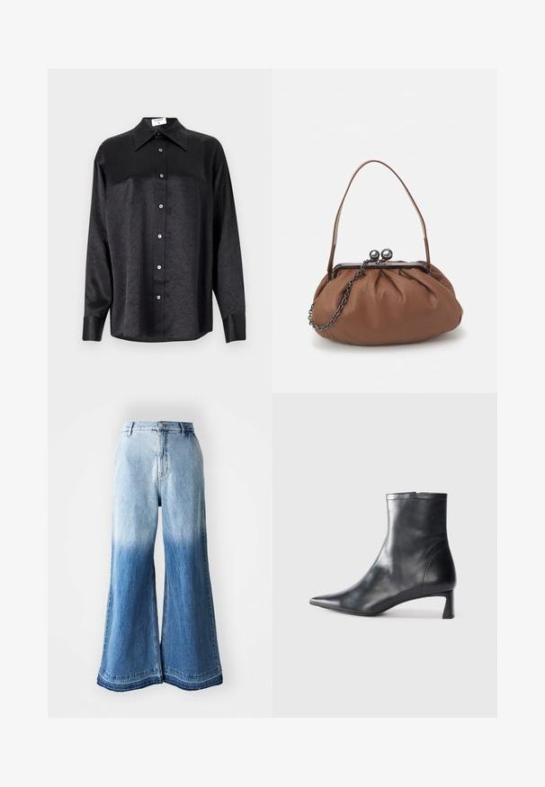 Zwarte blouse met lange mouwen en een kraag, voorzien van een gekreukt oppervlak, volwaardige knopen aan de voorkant en manchetten. Gemaakt van een gladde stof.; Lichtblauwe denim broek met wijde pijpen, kenmerkend door een vervaagde gradient van licht naar donker, gestikte zoom en vijf zakken.; Zwarte leren enkellaars met een spitse neus en een slank ontwerp. Heeft een lage hak en een ritssluiting aan de achterkant. Gladde textuur.; Bruine leren handtas met een geplooid ontwerp, een korte leren handgreep en een kettinghengsel. Voorzien van een zilveren metalen sluiting met twee ronde accenten.