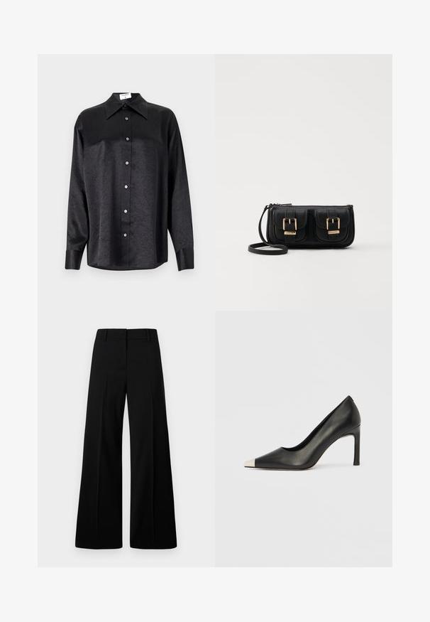 Black long-sleeve shirt with a collared neckline, featuring a crinkled texture, full button front, and cuffs. Made from a smooth fabric.; Black wide-leg trousers featuring a smooth texture, structured waistband, and front pleats. Minimalist design with no visible hardware.; Black leather high heel shoe with a pointed toe and a metallic silver cap. Features a smooth finish and a slender 10 cm heel.; Black leather crossbody bag with two front pockets, gold buckles, zipper closure, and a slim strap. Textured surface and compact rectangular shape.